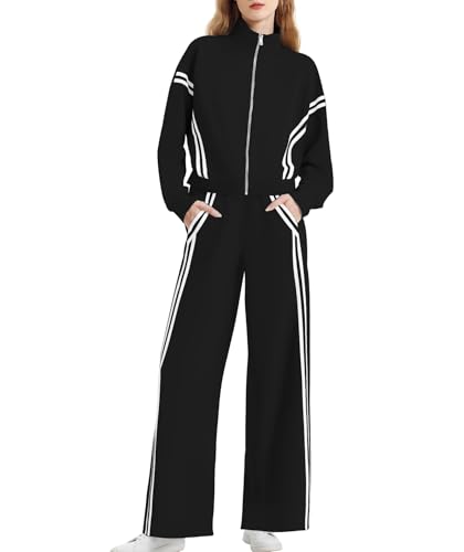 Casly Lamiit Lounge Sets for Women Two Piece Fall Outfits Stripes Sweatshirt Athletic Clothing Set Track Suit Sweatsuit Travel Airport Outfits Loungewear Black XL