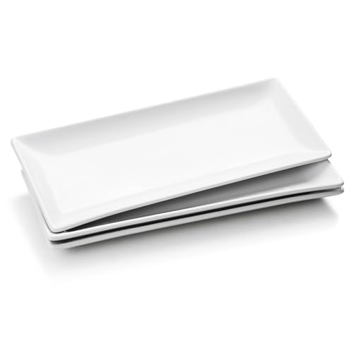 WishDeco Ceramic Serving Platters Set of 3, White Rectangular Plates Set, 14' Large Serving Trays, Porcelain Serving Dishes, Party Platters for Dessert, Buffet, Snack, Steak, Fruit