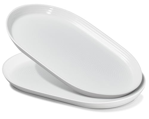 ONEMORE 16' Ceramic Oval Serving Plates for Entertaining, Set of 2 Large Dinner Plates- Dishwasher and Oven Safe Serving Tray for Food Meat Fish Parties- Porcelain Thanksgiving Turkey Platters - White