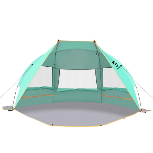 Unicamper Beach Tent 3 Person Sun Shelter UPF 50+ with Extended Waterproof Pe Floor & 3 Mesh Roll Up Windows Fits, Portable Beach Shade Easy Setup for Outdoor Camping, Indoor, Fishing, Yard. (Green)