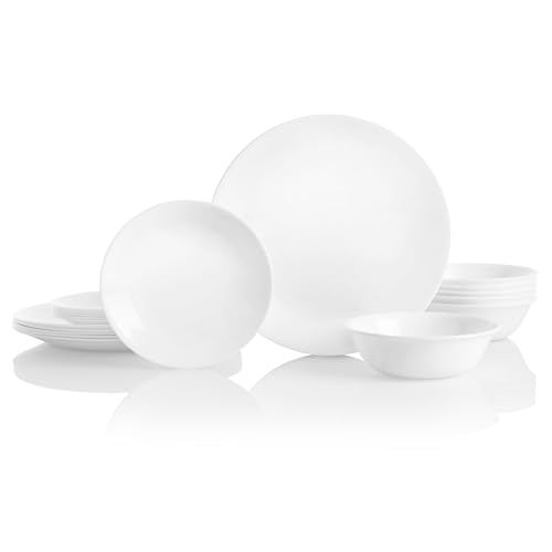 Corelle Vitrelle 18-Piece Service for 6 Dinnerware Set, Triple Layer Glass and Chip Resistant, Lightweight Round Plates and Bowls Set, Winter Frost White