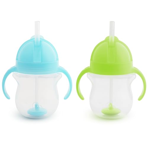 Munchkin Any Angle Sippy Cup for Toddlers, Weighted Straw Trainer Cup with Click Lock Lid, 7 Ounce, 2 Pack, Blue/Green