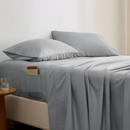 Bedsure Queen Sheet Set with Side Pocket - Soft & Convenient 4PCS Bed Sheet Set, Grey Peachskin Bedsheets Up to 16'', Breathable Resistant to Wrinkle Deep Pocket Sheet, Fade-Resistant, Easy Care