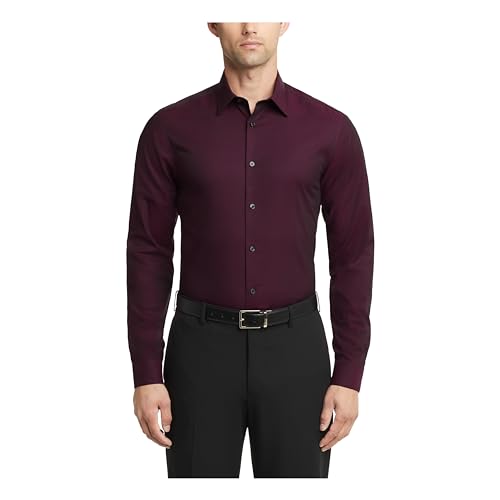 Calvin Klein Men's Dress Shirt Regular Fit Herringbone Stretch Bordeaux