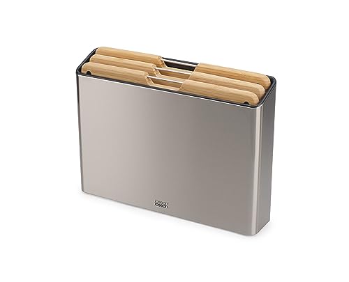 Joseph Joseph Folio Premium 3-Piece Cutting Board Set, Slimline Case for Organized Kitchen Storage, Large, Stainless Steel and Bamboo