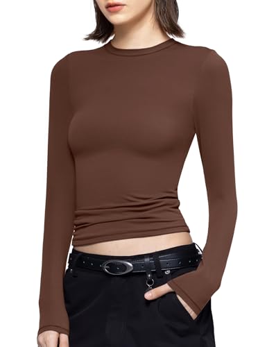 PUMIEY Long Sleeve Shirts for Women Crew Neck Slim Fit Tops Sexy Basic Tee, Chocolate Small