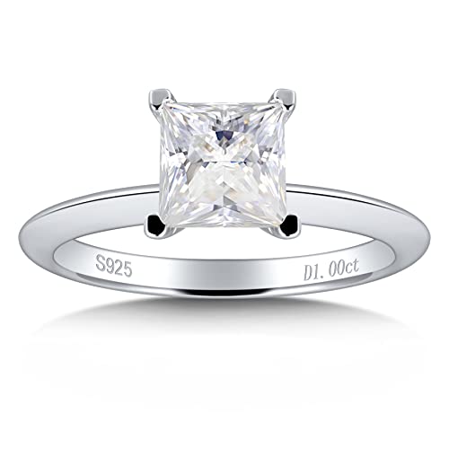 Ladylike Princess Cut Moissanite Engagement Ring for Women, 1ct Sterling Silver Solitaire Engagement Ring, 18K White Gold Plated D Color VVS1 Lab Created Diamond Rings, Size 7