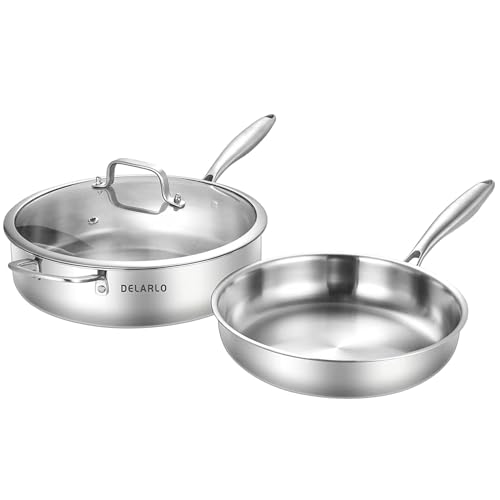 Delarlo Tri-Ply Stainless Steel Saute Pan Set With Lid Kitchen Cookware Set,Frying Pan Set Heats quickly Cookware, Suitable for All Stove Kitchen, Pots and Pans set