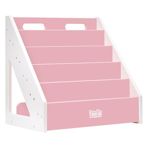 FUNLIO Montessori Bookshelf for Toddlers 1-5 Years, Front-Facing Kids Bookshelf with Handle & Anti-Tilting Device, Premium Pine Baby Bookshelf, Children's Bookcase for Nursery/Classroom - Pink & White