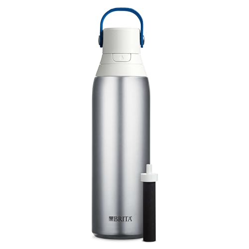 Brita Stainless Steel Premium Filtering Water Bottle, BPA-Free, Reusable, Insulated, Replaces 300 Plastic Water Bottles, Filter Lasts 2 Months or 40 Gallons, Includes 1 Filter, Stainless - 20 oz.