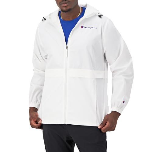 Champion, Stadium Full-Zip, Wind, Water Resistant Jacket for Men, White Small Script, Medium