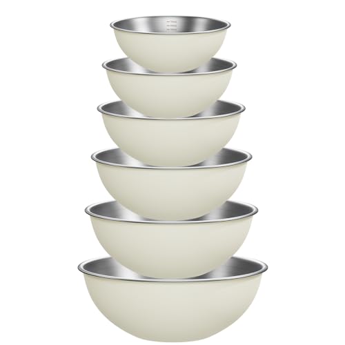 GANTIEXIA Mixing Bowls Set of 6 with Measurement Marks for Kitchen, Stainless Steel Mixing Bowl Set for Baking, Cooking, Prepping, Serving, Dishwasher Safe Nesting Bowl, Food Storage Organizers, Cream