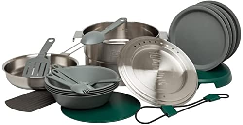 Stanley Base Camp Cook Set for 4 | 21 Pcs Nesting Cookware Made from Stainless Steel & BPA Free Material | Incl Pot, lid, Cutting Board, Spatula, Plates, Spoons, Forks, Bowls, Dish Rack, Trivet