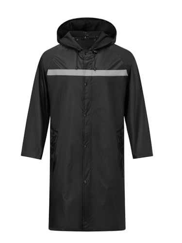 ProHydra Mens Long Safety Rain Coats with Air Vents Reflective Stripes Waterproof Packable Work Rain Jacket with Hood Lightweight Emergency Raincoat Ponchos (Black,Medium)