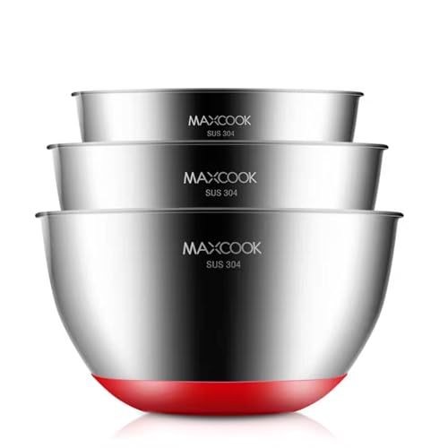 MAXCOOK Stainless Steel Salad Mixing Bowl Set, 3-Piece with Non-Slip Bottom, Nesting Metal Bowl Set for Cooking, Baking, Serving, Storage, Prepping, Mixing,1.1/2.2/2.7Quart(1L/2L/2.5L)