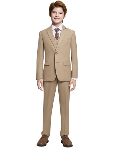 Marvelous World Boys Suits Khaki Slim Fit Size 4 Formal Suits for Kids Toddler Tuxedos Dresswear Ring Bearer Outfit Boys Wedding Suits Set Dress Clothes Teen Youth 5-Piece Adjustable Waist