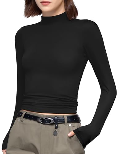 PUMIEY Black Long Sleeve Shirts for Women Turtleneck T Shirt Going Out Tops Basic Tee, Jet Black Small