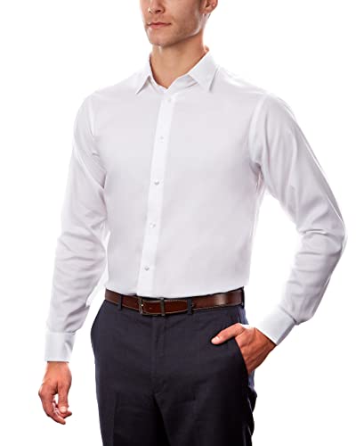 Calvin Klein Men's Dress Shirts Non Iron Regular Fit Stretch Unsolid Solid Shirt, White, 17.5' Neck 32-33' Sleeve