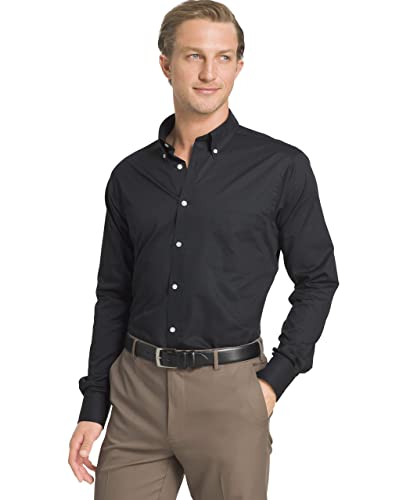 IZOD Men's Dress Shirt Regular Fit Stretch Solid Button Down Collar, Black, 15'-15.5' Neck 34'-35' Sleeve