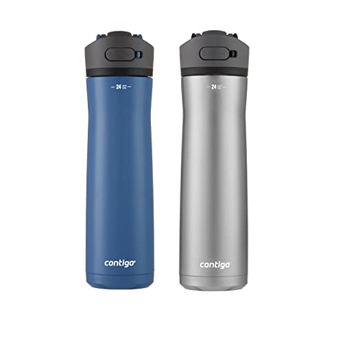 Contigo Ashland Chill 2.0 Water Bottle with AUTOSPOUT Lid , Stainless Steel Water Bottle, 24 oz., 2-Pack, Blue Corn and Stainless Steel with Licorice Lid, 24 Oz (Pack of 2)