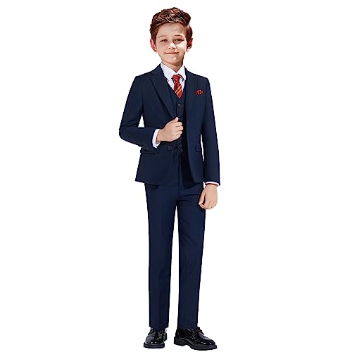 Marvelous World Boys Suits Navy Slim Fit Size 7 Formal Suits for Kids Toddler Tuxedos Dresswear Ring Bearer Outfit Boys' Wedding Suits Set Dress Clothes Teen Youth 5-Piece Adjustable Waist