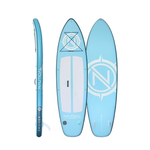 iROCKER Nautical GO Cruiser Inflatable Stand Up Paddle Board, Superb Maneuverability 10'6' Long 34' Wide 6' SUP with Leash and Fins ONLY - Blue White