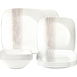 Corelle Vitrelle 18 Piece Glass Dinnerware Sets, Rectangular Square Plate and Bowl Set Service for 6, Triple Layer Chip & Crack Resistant Glass Plate and Bowl Sets, Wandering Grove