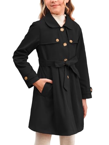 Haloumoning Girls Single Breasted Trench Coat Kids Lapel Long Sleeve Tie Belt Outerwear with Pockets