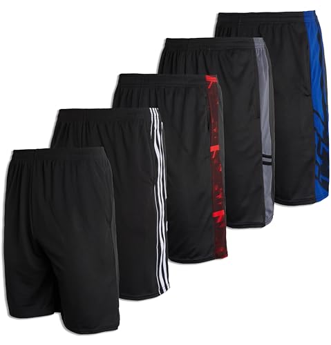 Real Essentials Mens Mesh Shorts Active Wear Athletic Short Men Basketball Pockets Workout Gym Soccer Running Summer Fitness Quick Dry Casual Clothes Sport Training Hiking, Set 8, XL, Pack of 5