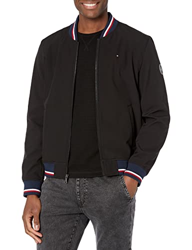 Tommy Hilfiger Men's Lightweight Varsity Rib Knit Bomber Jacket, Black soft shell, Medium