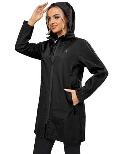 Little Donkey Andy Women's Waterproof Mid-Length Rain Jacket with Hood Windbreaker Coat for Hiking Travel Black M