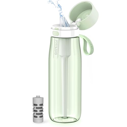 Philips GoZero Everyday Filtered Water Bottle with Philips Everyday Water Filter, BPA-Free Tritan Plastic, Purify Tap Water Into Healthy Drinking Tasting Water, 22 oz, Green