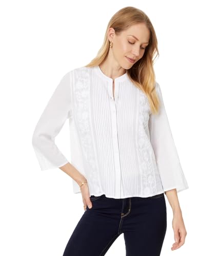 Tommy Hilfiger, Womens, Gauze Embroidered Pintuck Top, Bright White, X-Small