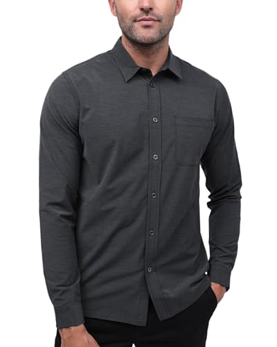 INTO THE AM Long Sleeve Dress Shirts for Men - Slim Fit Business Casual Semi Formal Fitted Shirts (Black Heather, X-Large)