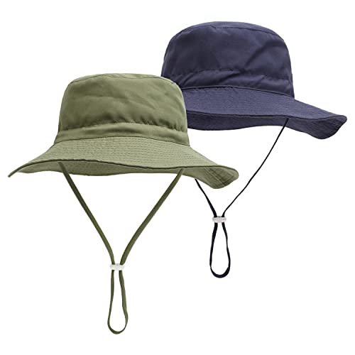 LAPI.ZAPI Baby Sun Hat Print Pattern Kids Boy Girls hat UPF 50+ Sun Protection Beach Bucket Hat Wide Brim (6-24 Months, 2pack Olive Green & Navy-Solid)