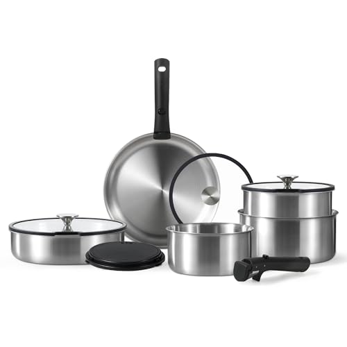 CAROTE 12pcs Pots and Pans Set, Stainless Steel Cookware Set Detachable Handle, Induction Kitchen Cookware Sets with Removable Handle, RV Cookware Set, Oven Safe, Camping Cookware, Black