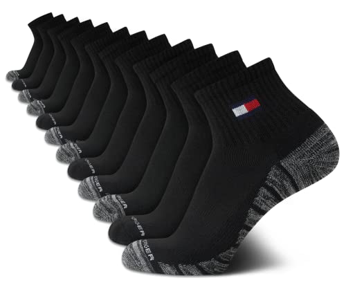 Tommy Hilfiger Men's Quarter Socks - 12 Pack Arch Support Cushion Comfort Socks - Athletic Ankle Socks for Men (7-12), Size 7-12, Size 7-12, All Black