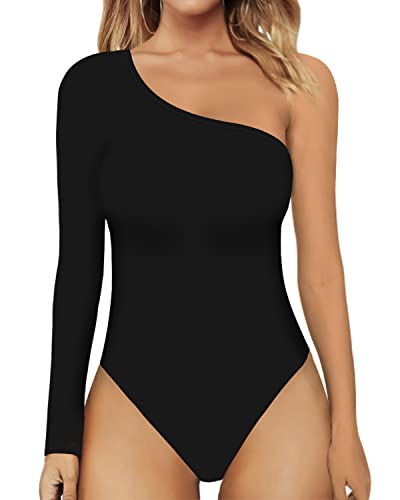 MANGOPOP Women's One Shoulder Off Shoulder Long Sleeve Bodysuit Tops