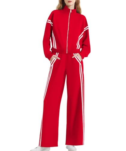 Casly Lamiit Women Two Piece Outfits Long Sleeve Mock Neck Sweatshirt High Waist Wide Leg Pants Sweatsuit Dressy Winter Clothes Lounge Travel Sets Red M