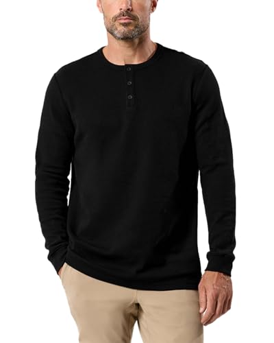 INTO THE AM Long Sleeve Waffle Henley Shirts for Men Casual Fitted Soft Thermal Cotton Fall Shirts (Black, Large)