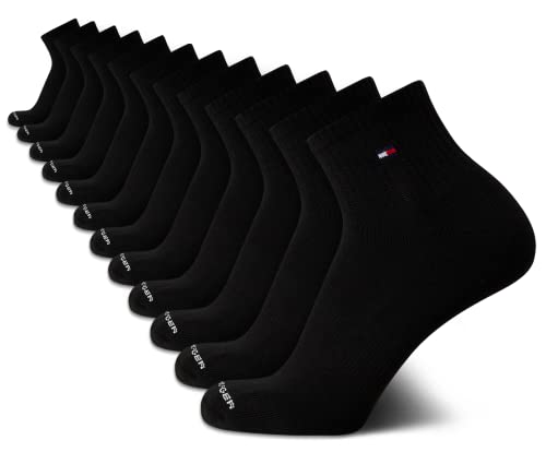 Tommy Hilfiger Men's Quarter Socks - 12 Pack Arch Support Cushion Comfort Socks - Athletic Ankle Socks for Men (7-12), Size 7-12, Size 7-12, Black Flag