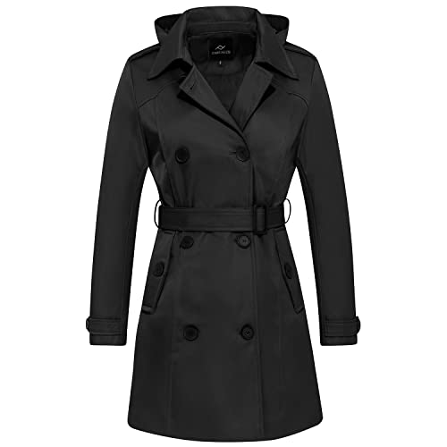 FARVALUE Women's Waterproof Trench Coat Double Breasted Windbreaker Classic Belted Lapel Overcoat with Removable Hood Black Medium