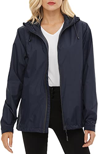 LeSies Women's Rain Jacket Lightweight Waterproof Rain Coat with Hooded Windproof Adjustable Windbreaker,YY6336W-Blue-XS