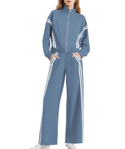 Casly Lamiit 2 Piece Sets for Women Fall Outfits Contrast Striped Long Sleeve Zip-Up Sweatshirt Wide Leg Pants Sweat Suit Going Out Athletic Loungewear Grey Blue M