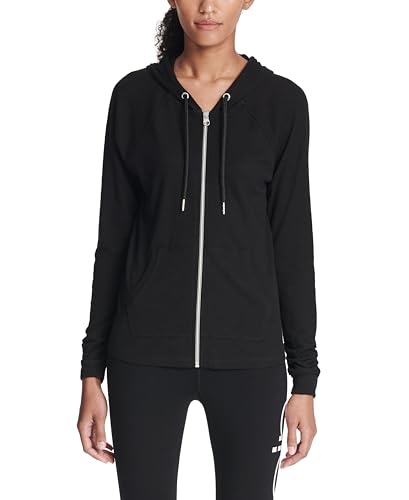 Calvin Klein Womens Ruched Long Sleeve Zip Front Hoodie, Black, Small