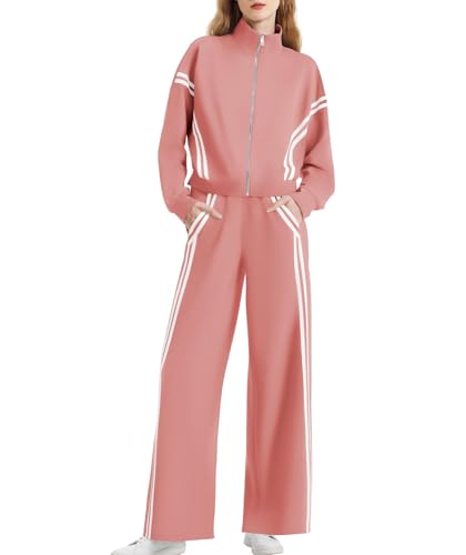 Casly Lamiit Womens 2 Piece Outfits Athletic Clothing Sets Zipper Stand Collar 2-Stripes Jackets Wide Leg Sweatpants Matching Sets Lounge Vacation Cute Clothes Peach Pink XL