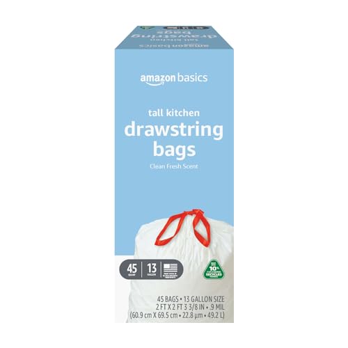 Amazon Basics - Tall Kitchen Trash Bags, 13 Gallon 10% Post Consumer Recycled Content, Clean Fresh Scent, 45 Count, Pack of 1