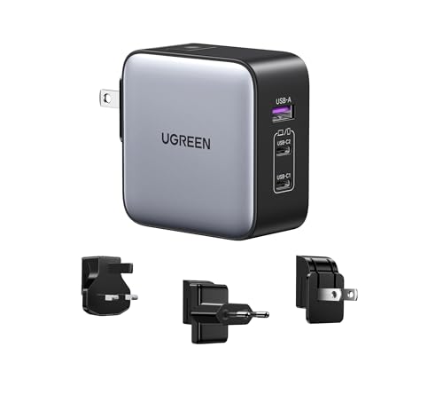 UGREEN 65W USB C Charger, Nexode 3 Port Travel Charger GaN Fast International Charger with US UK EU Plug, USB C Power Adapter for MacBook Pro/Air, Dell XPS, iPhone 16/15, iPad, Galaxy S24, Steam Deck