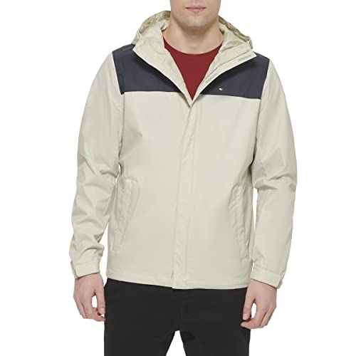 Tommy Hilfiger Men's Lightweight Breathable Waterproof Hooded Jacket, Navy/Ice, Small