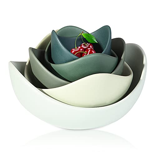 Notakia Salad Bowls, 5 Packs Serving Bowls Porcelain,Lotus Shaped Pasta Bowls, Dishwasher & Microwave Safe, Unique Ceramic Bowls for Salad, Soup, Ideal for Home and Restaurant (Green)